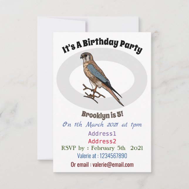 American kestrel bird cartoon illustration invitation (Front)