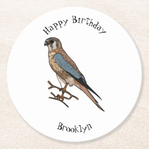 American kestrel bird cartoon illustration round paper coaster