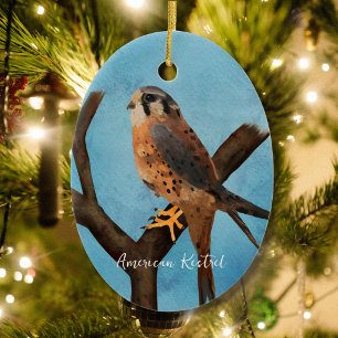 American Kestrel Watercolor Bird Art Ceramic Tree Decoration