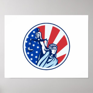 American Lady Holding Scales of Justice Flag retro Poster