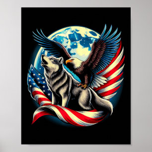 American Ld Eagle And Wolf Usa Flag 4th Of July Poster