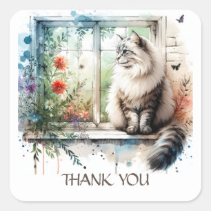 American Longhair Cat in Window Summer Flowers  Square Sticker