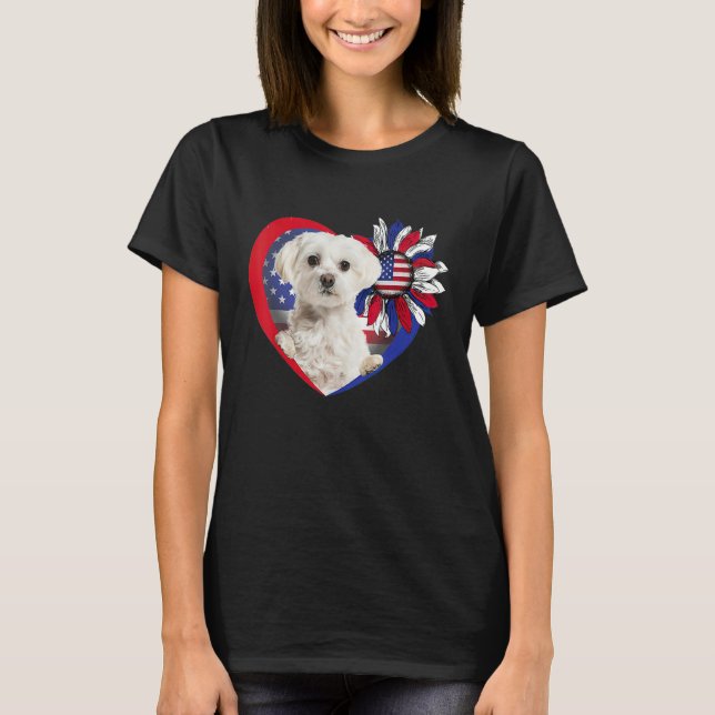 American Maltese Dog Heart 4th Of July USA Flag Pa T-Shirt (Front)