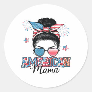 American Mama Messy Bun Patriotic 4th Of July Moth Classic Round Sticker