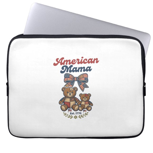 American Mama Patriotic Bear Patchwork Vector Desi Laptop Sleeve (Front)
