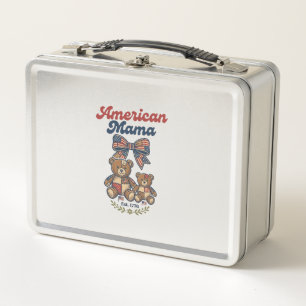 American Mama Patriotic Bear Patchwork Vector Desi Metal Lunch Box