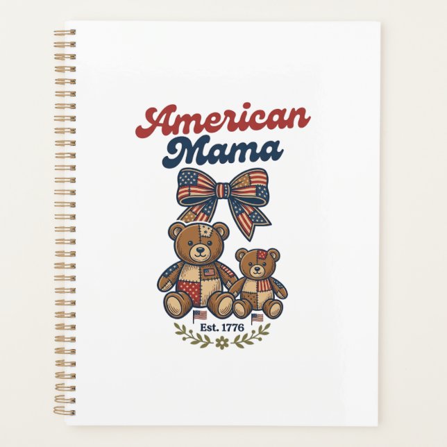 American Mama Patriotic Bear Patchwork Vector Desi Planner (Front)