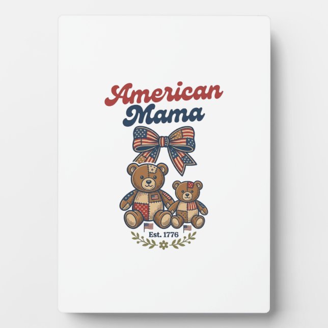 American Mama Patriotic Bear Patchwork Vector Desi Plaque (Front)