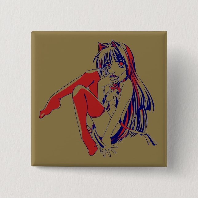 American Manga Neko Catgirl Kawaii Anime 15 Cm Square Badge (Front)