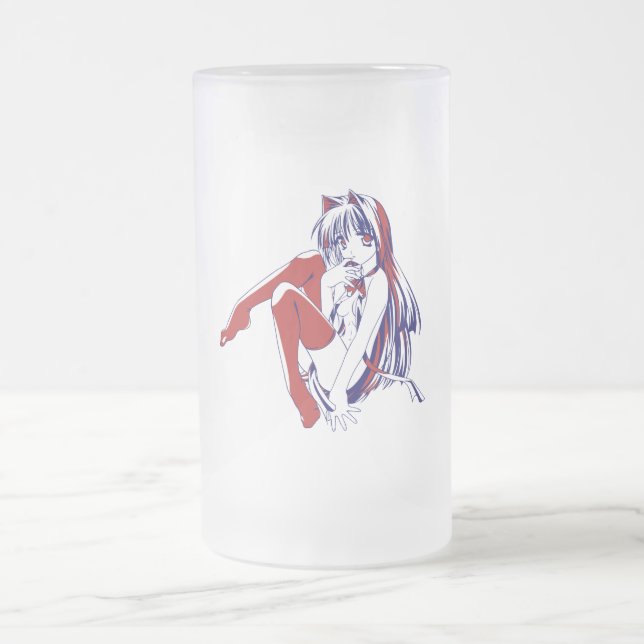 American Manga Neko Catgirl Kawaii Anime Frosted Glass Beer Mug (Center)