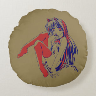 American Manga Neko Catgirl Kawaii Anime Round Cushion