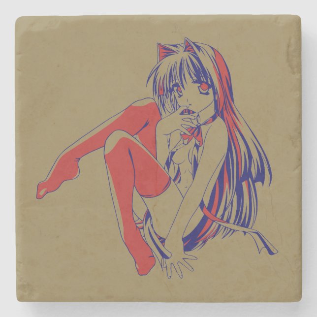 American Manga Neko Catgirl Kawaii Anime Stone Coaster (Front)
