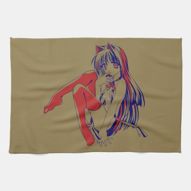 American Manga Neko Catgirl Kawaii Anime Tea Towel (Horizontal)