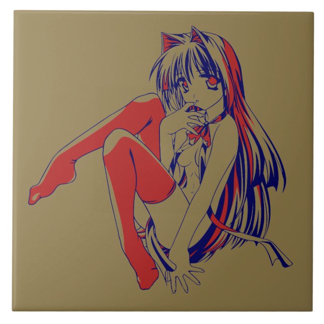 American Manga Neko Catgirl Kawaii Anime Tile (Front)
