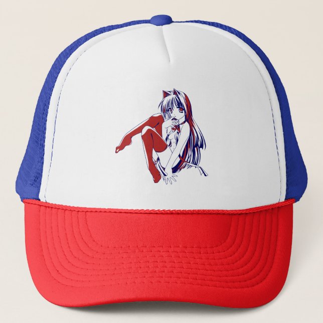 American Manga Neko Catgirl Kawaii Anime Trucker Hat (Front)