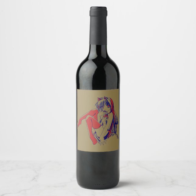 American Manga Neko Catgirl Kawaii Anime Wine Label (Front)