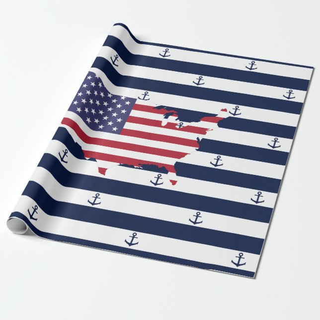 American map flag | nautical stripes pattern wrapping paper (Unrolled)