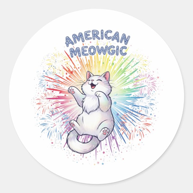 American Meowgic – Sparkly Cat & Rainbow Fireworks Classic Round Sticker (Front)