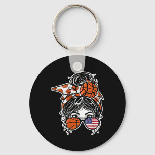 American Messy Bun Hair Girl Usa Flag Sketll Fans Key Ring