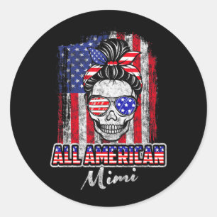 American Mimi Patriotic Messy Bun Skull USA 4th of Classic Round Sticker