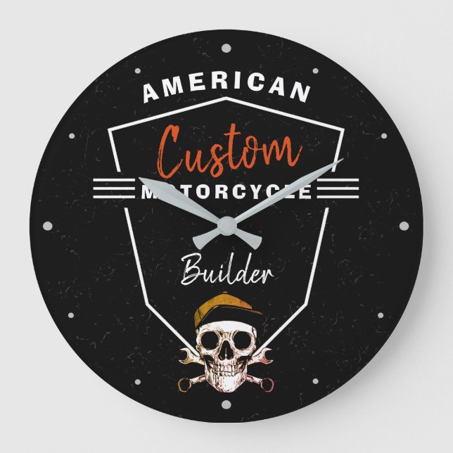 American Motorcycle Builder Custom Mechanic Skull  Large Clock (Front)