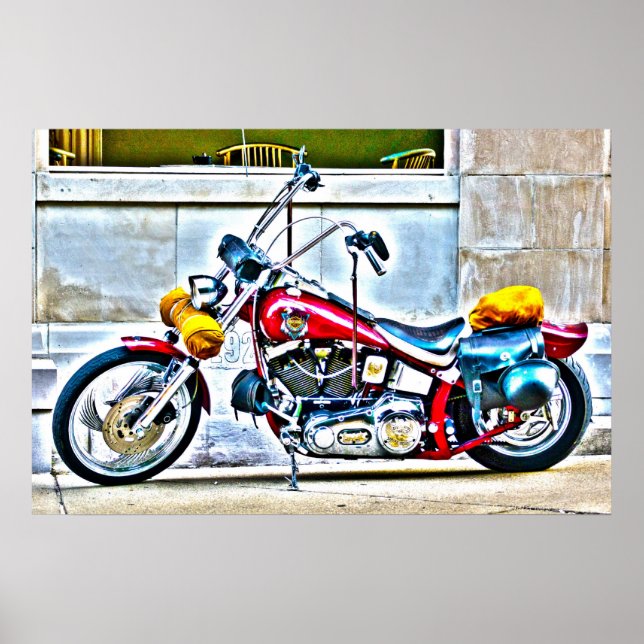 American Motorcycle Outside Cafe HDR Poster (Front)