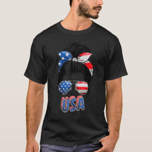 American Mum Life Messy Bun Women 4th Of July Girl T-Shirt