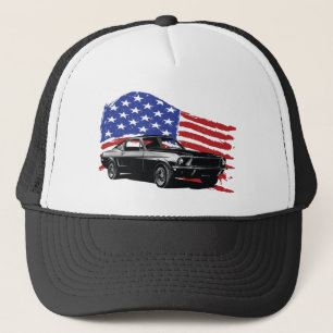 American Muscle Car With Flying American Flag Trucker Hat