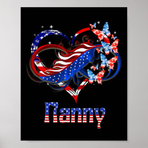 American Nanny Heart Butterlfies Patriotic 4th Of Poster
