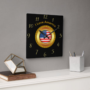 American nation flag with a gold frame square wall clock