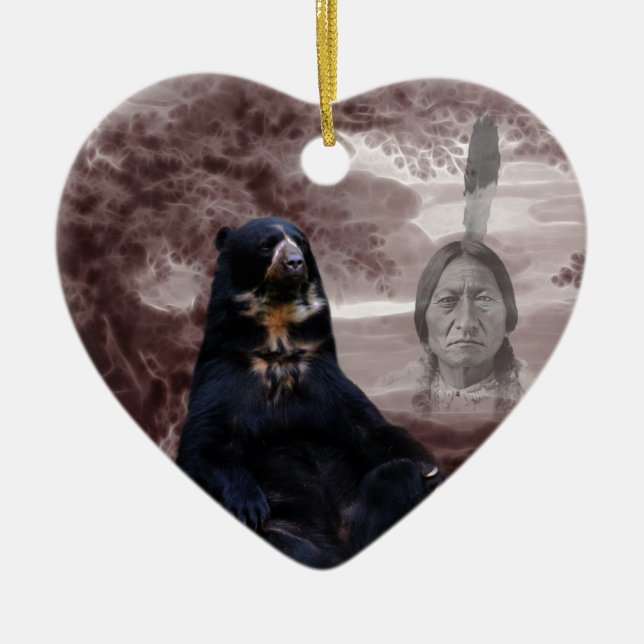 American Native Indian black bear Ceramic Tree Decoration (Front)