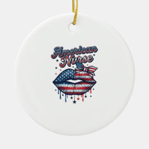 American Nurse Patriotic Lips Vector Shirt Design_ Ceramic Tree Decoration