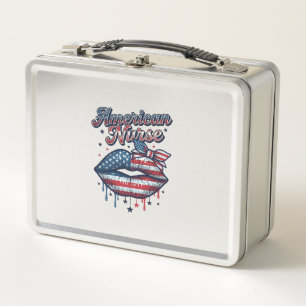 American Nurse Patriotic Lips Vector Shirt Design_ Metal Lunch Box