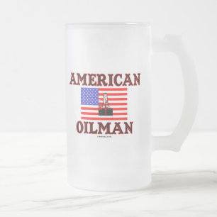 American Oilman,Beer Stein,Oil Rig,Oil,Gas, Frosted Glass Beer Mug