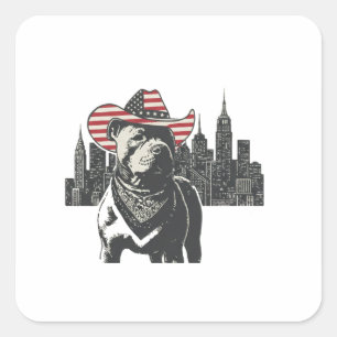 American Patriot Pitbull Cowboy - NYC Skyline Vint Square Sticker