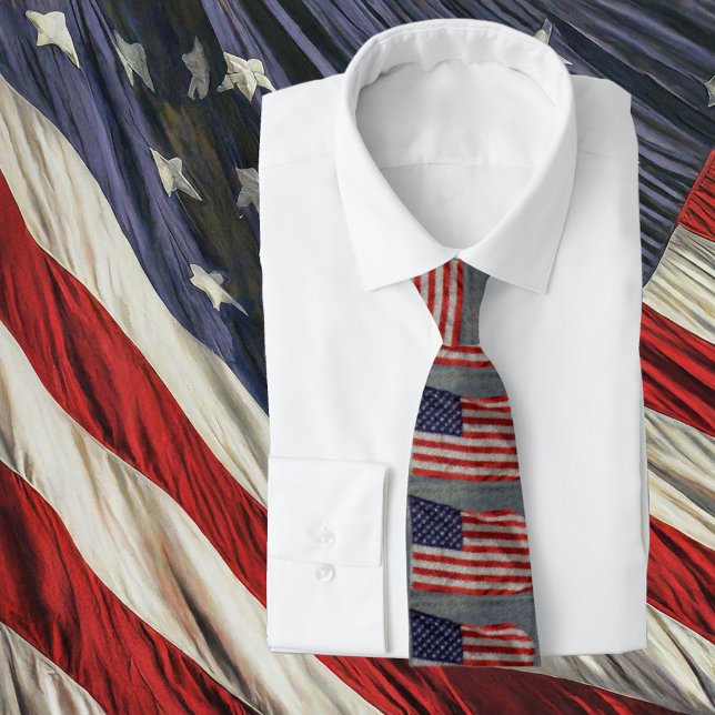 American Patriot Red White Blue Stars Stripes Flag Tie (Tie on Shirt)