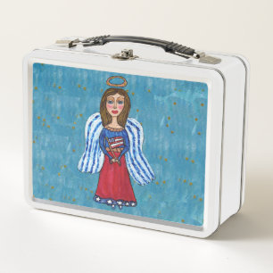 American Patriotic Angel Flag Gold Stars Blue Metal Lunch Box