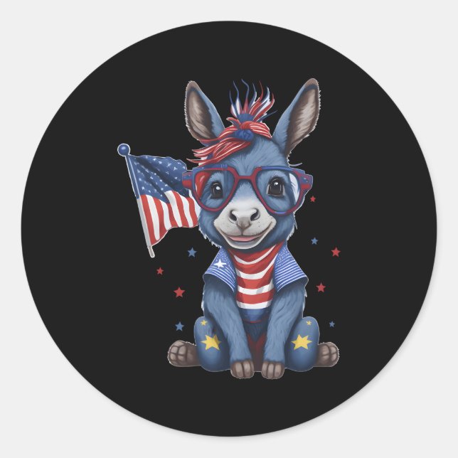 American Patriotic Donkey Glasses Usa Flag 4Th Of  Classic Round Sticker (Front)