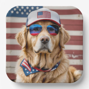 American Patriotic Golden Retriever Paper Plate