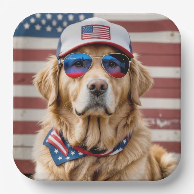 American Patriotic Golden Retriever Paper Plate (Front)