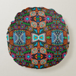 American pattern. Ikat seamless print. Indian desi Round Cushion