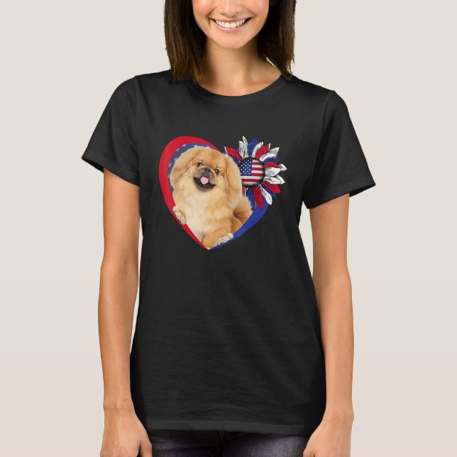 American Pekingese Dog Heart 4th Of July USA Flag  T-Shirt (Front)