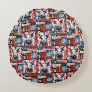 American Pig Farm folk art Round Cushion