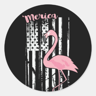 American Pink Flamingo USA White Flag Classic Round Sticker