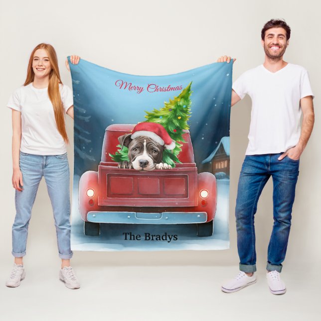 American Pit Bull in Christmas Truck Holidays Fleece Blanket (In Situ)