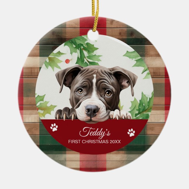 American Pit Bull Personalised Christmas Ceramic Tree Decoration (Front)