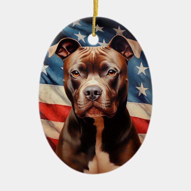 American Pit Bull Terrier American flag Ceramic Tree Decoration (Front)