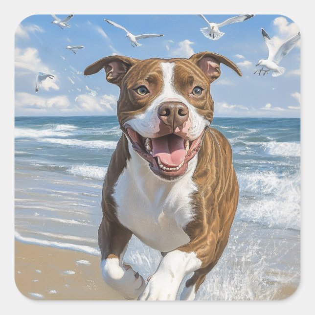American Pit Bull Terrier on the beach Square Sticker (Front)