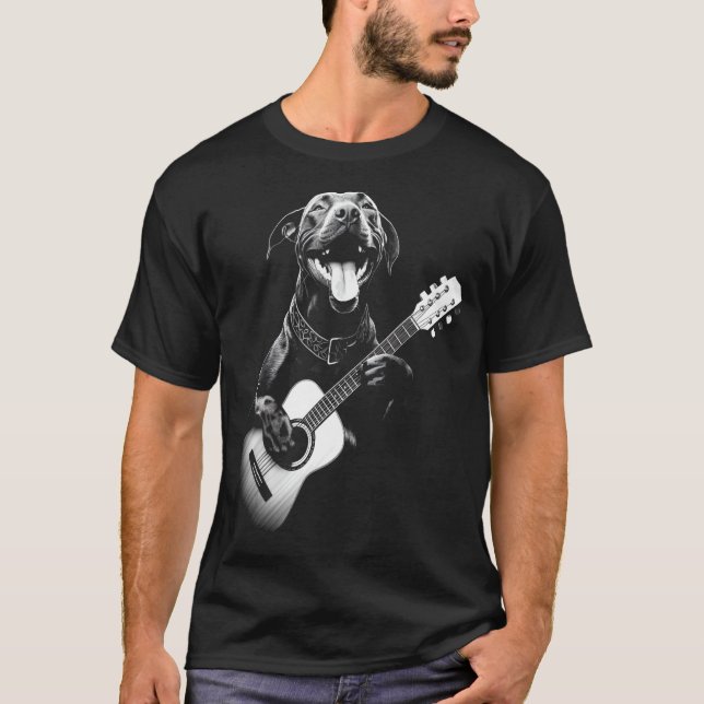 American Pitbull Playing Guitar - Funny Guitar Dog T-Shirt (Front)