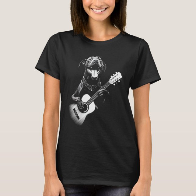 American Pitbull Playing Guitar - Funny Guitar Dog T-Shirt (Front)